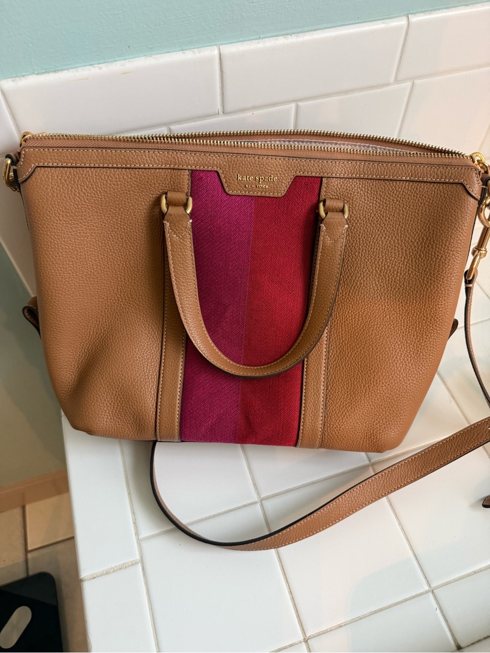Kate Spade Faye Medium Satchen Tan Leather Satchel with Pink & Red Center Stripe